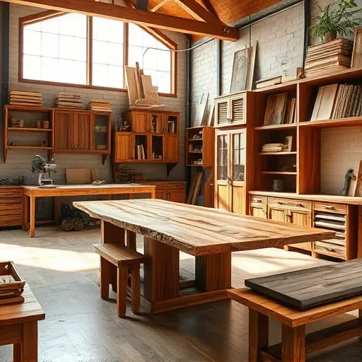 Interior of a custom carpentry workshop in Arlington TX with wooden furniture, cabinetry, shelving, tools, and natural light