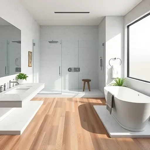 Modern Irving bathroom with marble countertops, glass shower, freestanding tub, polished tiles, and elegant lighting