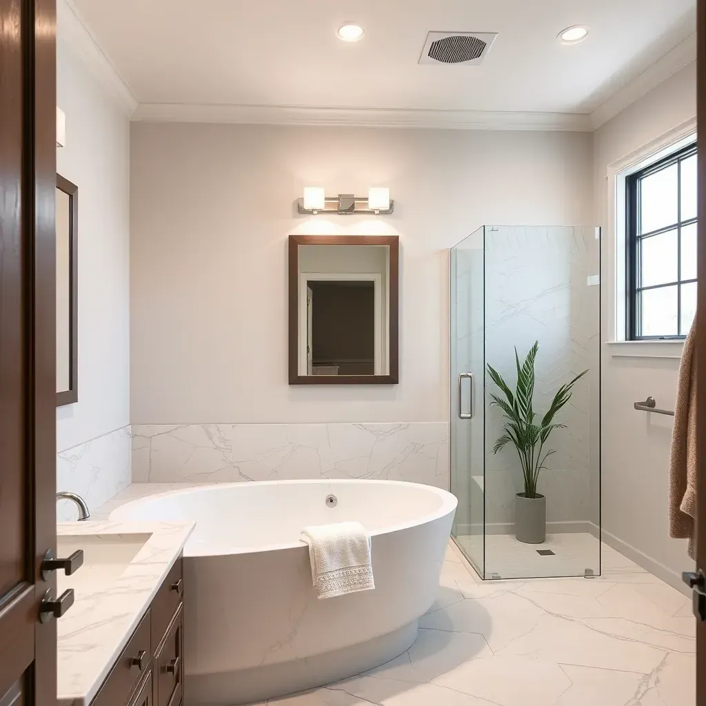 Modern Southlake, TX bathroom with quartz vanity, glass shower, soaking tub, black fixtures, and natural light.