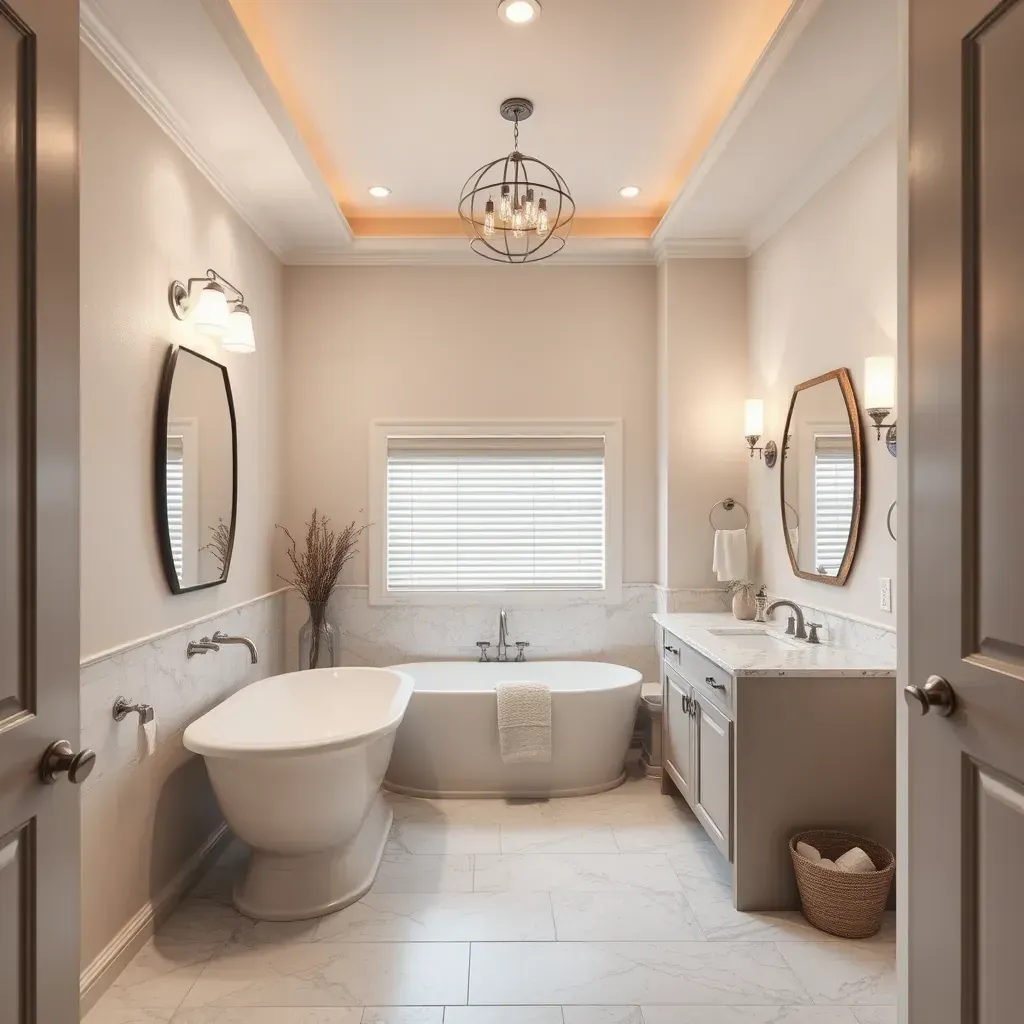 Luxurious Grapevine, TX bathroom with walk-in shower, freestanding tub, double vanity, modern tiles, and elegant neutral tones.