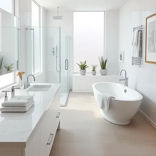 Remodeled Grand Prairie, TX bathroom with marble countertops, glass shower, freestanding tub, and modern fixtures.