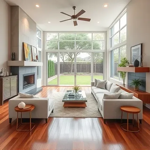 Modern high-end home in Highland Village, TX with large windows, landscaped yard, luxury car, and stylish architectural details.