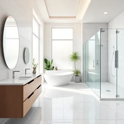 Renovated Roanoke, TX bathroom with marble floors, freestanding tub, rainfall shower, double vanity, and natural light.