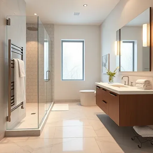Freshly remodeled Arlington bathroom with modern fixtures, elegant marble, walk-in shower, and serene decor.