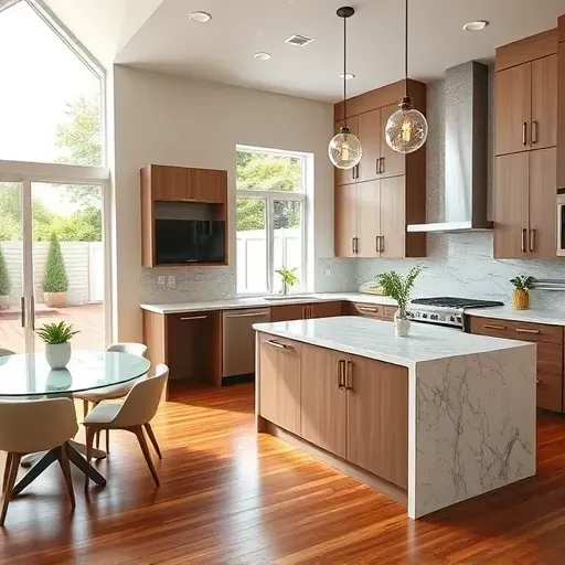 Renovated modern living room with hardwood floors, neutral walls, stylish furniture, large windows, and open kitchen.