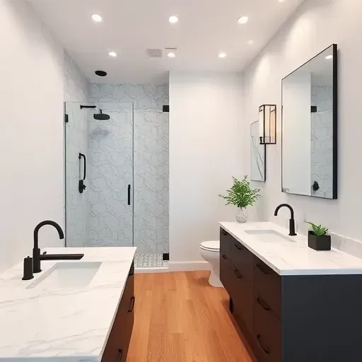 Renovated Addison, Texas bathroom with marble counters, black fixtures, glass shower, hardwood floors, and greenery.