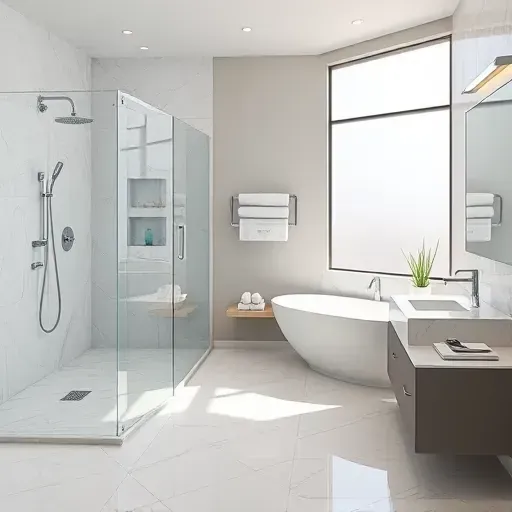 Renovated Carrollton, TX bathroom with walk-in shower, marble tiles, freestanding tub, double vanity, and modern fixtures.