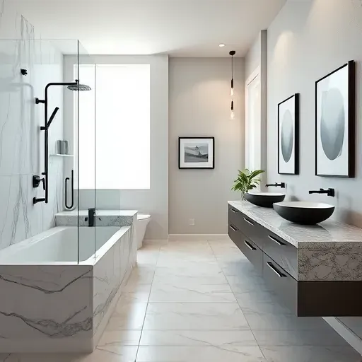 Beautiful modern Mansfield bathroom with sleek black fixtures, marble shower, soaking tub, double vanity, and elegant design.