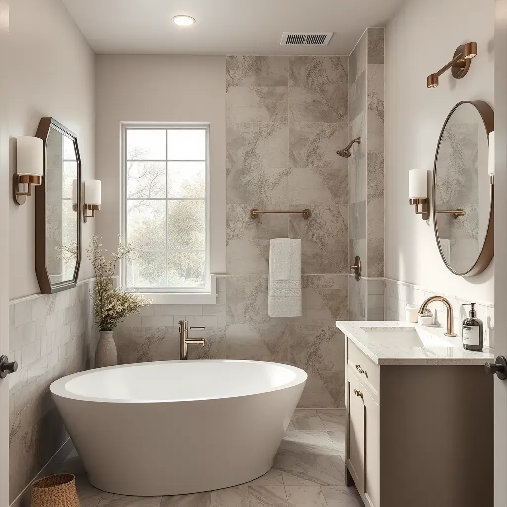 Modern Haltom City bathroom with beige subway tiles, dark countertop, walk-in glass shower, and stylish fixtures.