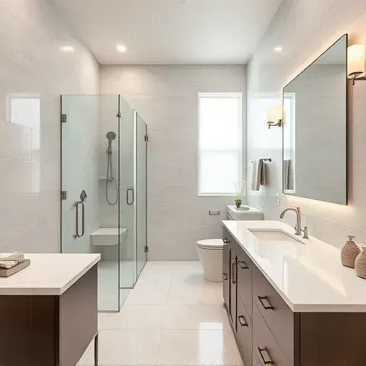 Freshly renovated Arlington TX bathroom with modern fixtures, walk-in shower, elegant tiling, and stylish vanity.