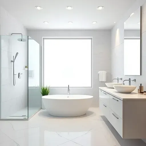 Beautiful modern remodeled bathroom in Allen Texas with white porcelain tiles, glass shower, freestanding tub, and sleek vanities