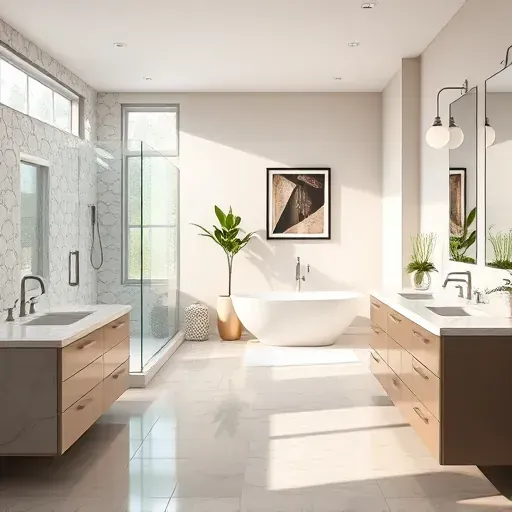 Renovated Argyle TX bathroom with sleek glass shower, soaking tub, marble double vanity, natural light, and modern decor