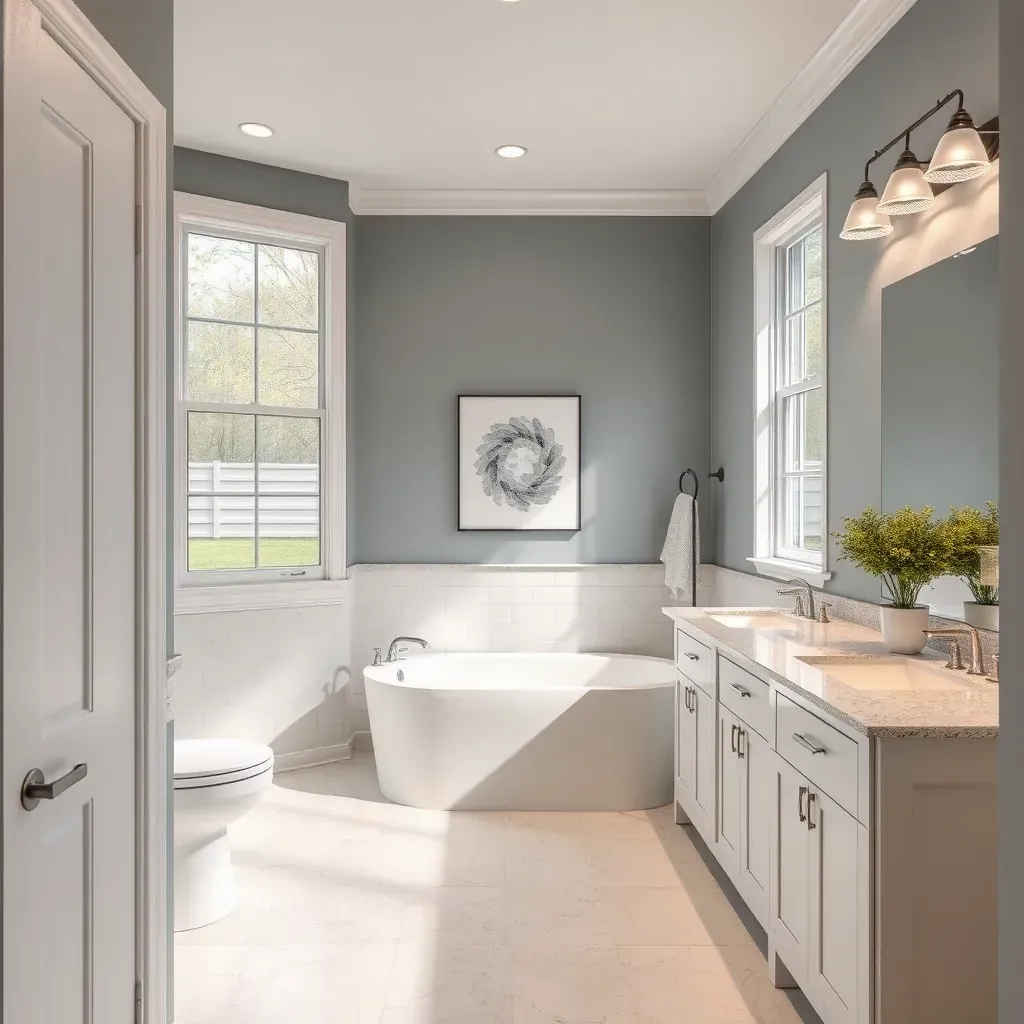Remodeled bathroom in Duncanville, TX featuring marble tiles, a glass shower, soaking tub, dark wood vanity, and natural light.