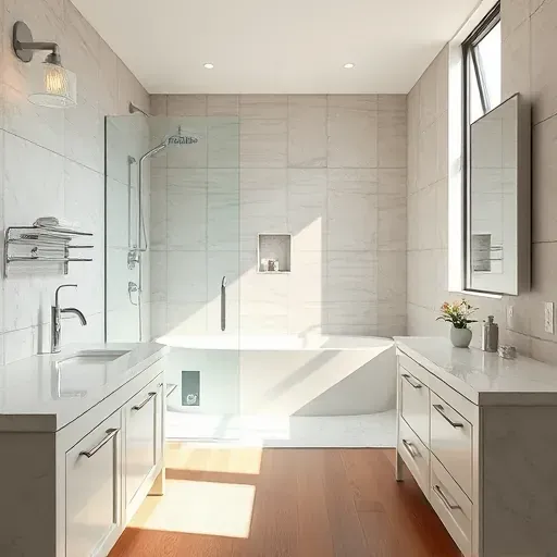 Beautiful remodeled Denton, TX bathroom with modern fixtures, marble counters, glass shower, neutral tiles, and natural light.