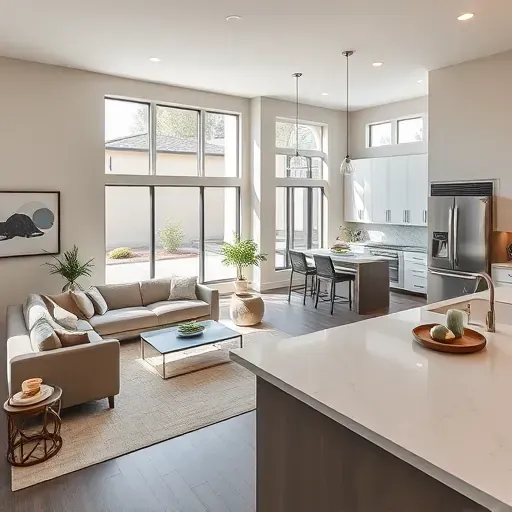 Modern open-concept living area in Little Elm TX with stylish furniture, bright natural light, and elegant kitchen design.