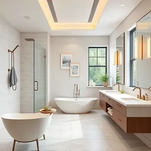 Beautiful remodeled Farmers Branch bathroom featuring a spacious shower, freestanding tub, double vanity, and elegant lighting.
