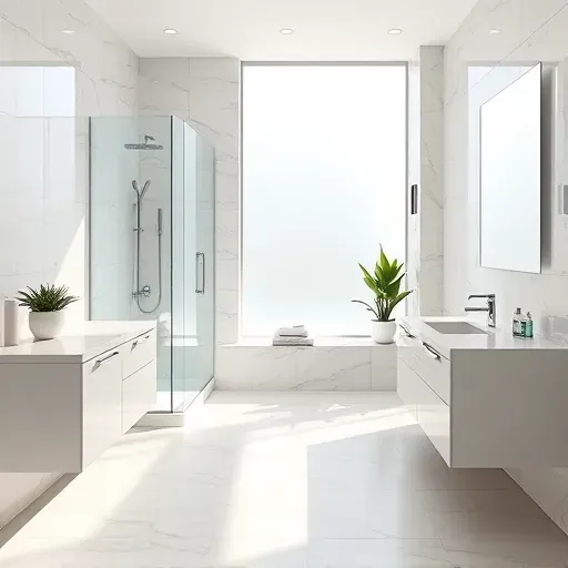 Renovated modern bathroom in Plano TX with marble counters glass shower polished fixtures and natural light
