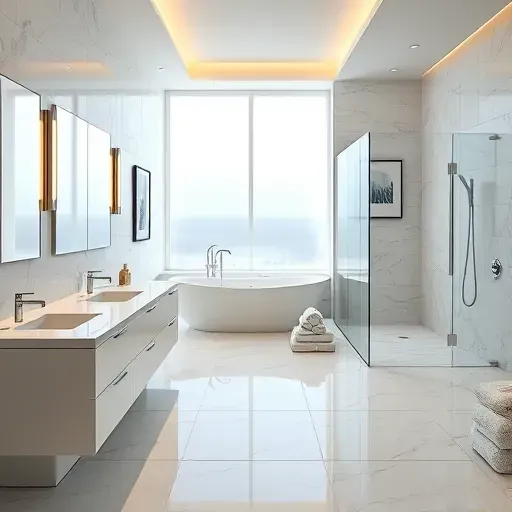 Recently remodeled bright Lewisville bathroom with marble countertops, freestanding tub, designer tiles, and elegant finishes