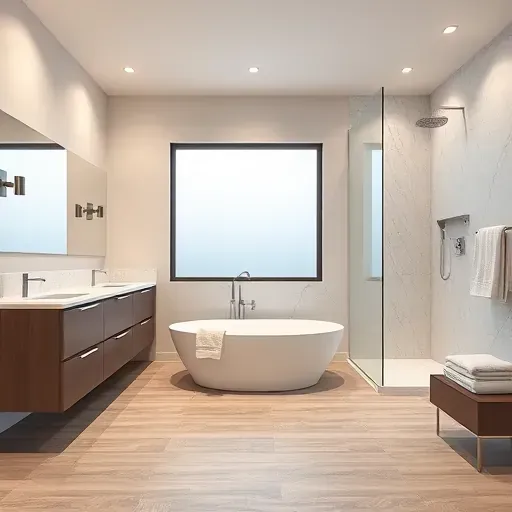 Recently remodeled modern bathroom in Hurst TX with frameless shower, marble countertops, wood-look tiles, and sleek fixtures