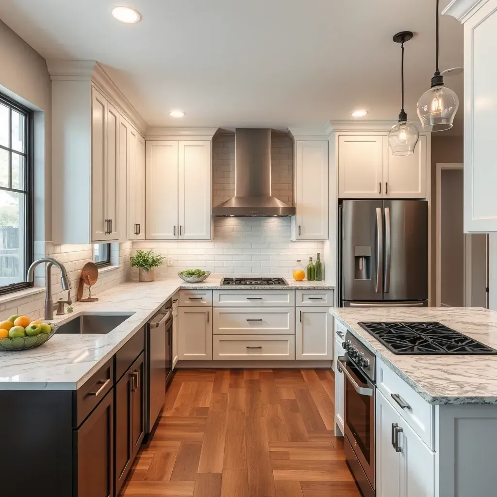 Modern Arlington, TX kitchen with granite counters, wooden cabinets, stainless steel appliances, subway tile backsplash, and natural light.