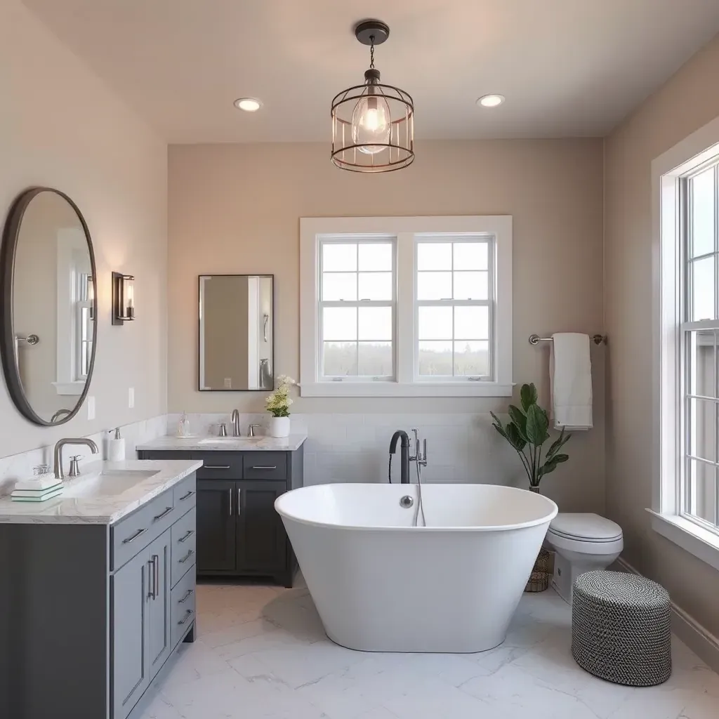 Modern bathroom in Irving, TX: white marble countertops, glass shower, wooden vanity, warm lighting, neutral tiles, natural light.