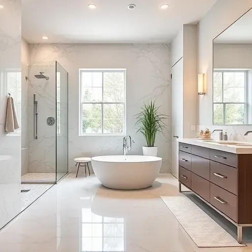 Modern bathroom in Carrollton TX with frameless glass shower, marble countertops, freestanding tub, porcelain tiles, brushed nickel fixtures, and sleek cabinetry