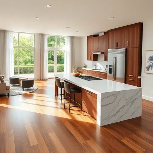 Contemporary Bedford kitchen remodel with walnut cabinetry, marble island, stainless steel appliances, and natural light.