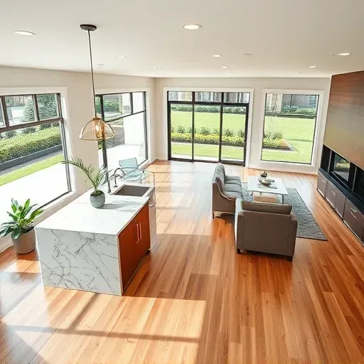 Modern open-concept living space in Highland Village TX with hardwood floors, quartz countertops, and lush plants.
