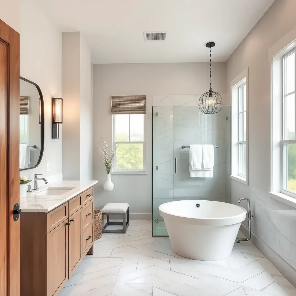 A modern bathroom remodeling scene in The Colony, TX, with sleek fixtures, stylish tiles, and elegant design details.