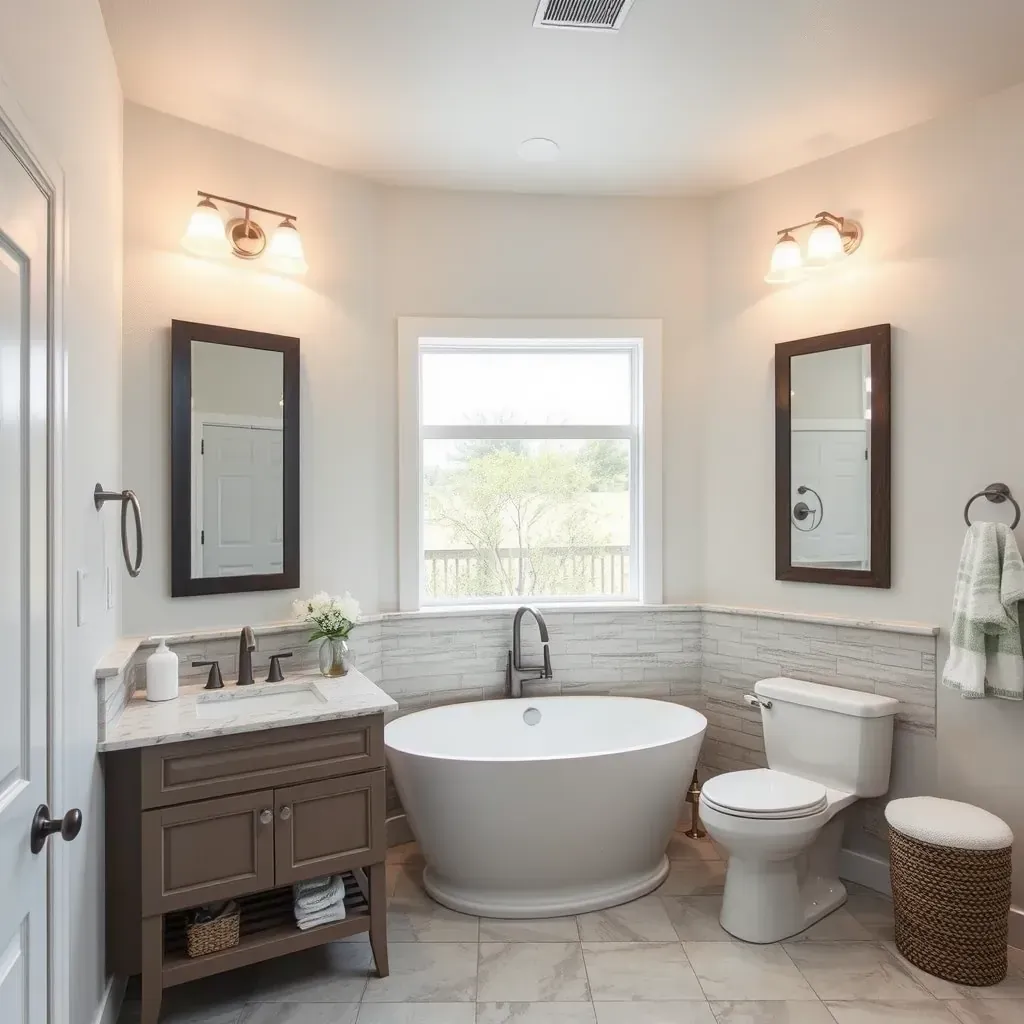 Modern bathroom in Little Elm, TX with walk-in shower, freestanding tub, double-sink quartz vanity, lush decor, and stylish lighting.