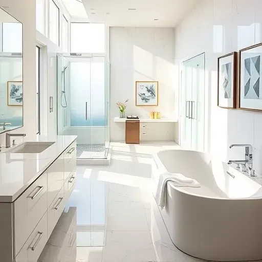Completed modern bathroom in Denton TX with marble countertops, walk-in shower, soaking tub, natural light, and sleek finishes