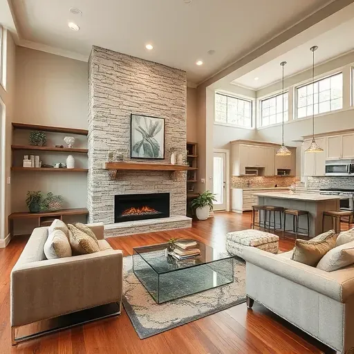 Modern Cedar Hill TX living room remodel with elegant flooring, high ceilings, stone fireplace, and stylish decor.