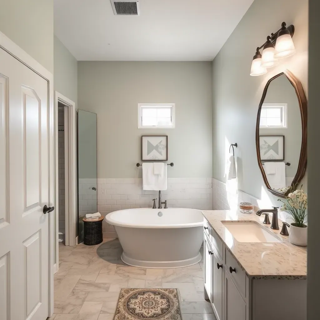 Modern bathroom remodel in Haslet, TX with walk-in shower, double vanity, marble countertop, black fixtures, and natural light.