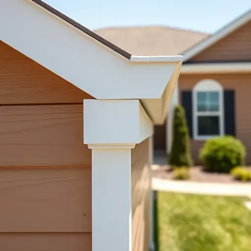 Close-up of freshly painted white trim and fascia on a Arlington TX home with smooth surfaces and warm siding under natural bright lighting