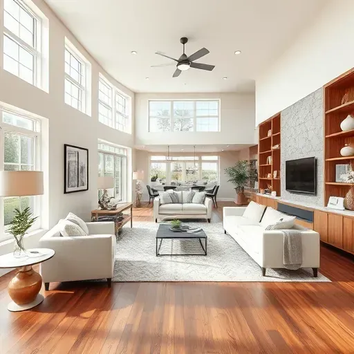 Modern living room in Mansfield TX with open floor plan, natural light, stylish decor, and cozy fireplace ambiance.