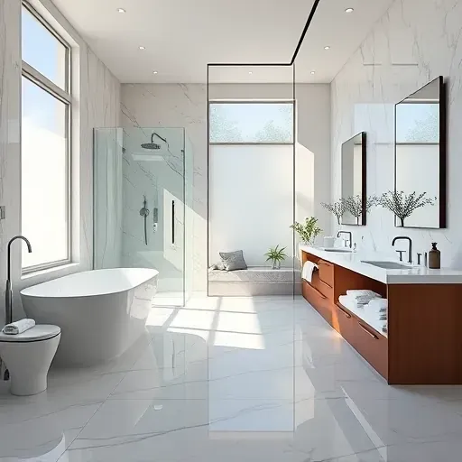 Beautiful remodeled bathroom in Euless Texas with modern fixtures, walk-in shower, marble countertops, and natural light