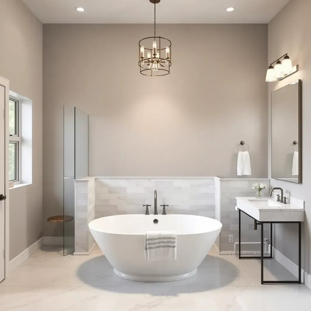 Modern bathroom in Watauga, TX with frameless glass shower, double vanity, quartz countertops, neutral tiles, and ambient lighting.