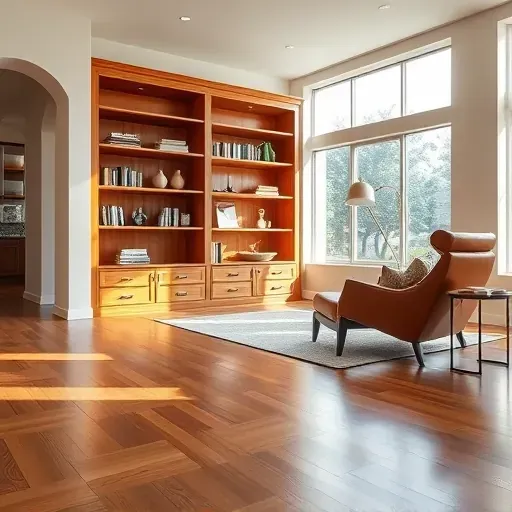 Beautiful custom wood bookshelf with intricate details in a modern bright living room with hardwood floors and natural light