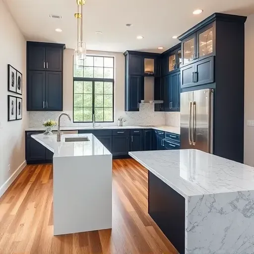 Contemporary kitchen remodel in Farmers Branch TX with quartz countertops, navy cabinets, oak floors, and abundant natural light.