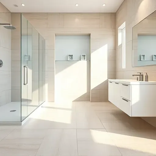 Modern Arlington bathroom with beige and gray porcelain tiles, sleek fixtures, and minimalist design highlights craftsmanship