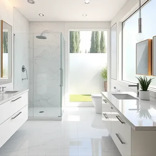 Remodeled Duncanville bathroom with modern fixtures, marble countertops, glass shower, stylish tile, and natural light.