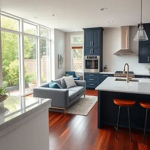Modern kitchen in Coppell TX with stainless steel appliances, quartz countertops, navy and white cabinetry, and hardwood floors.