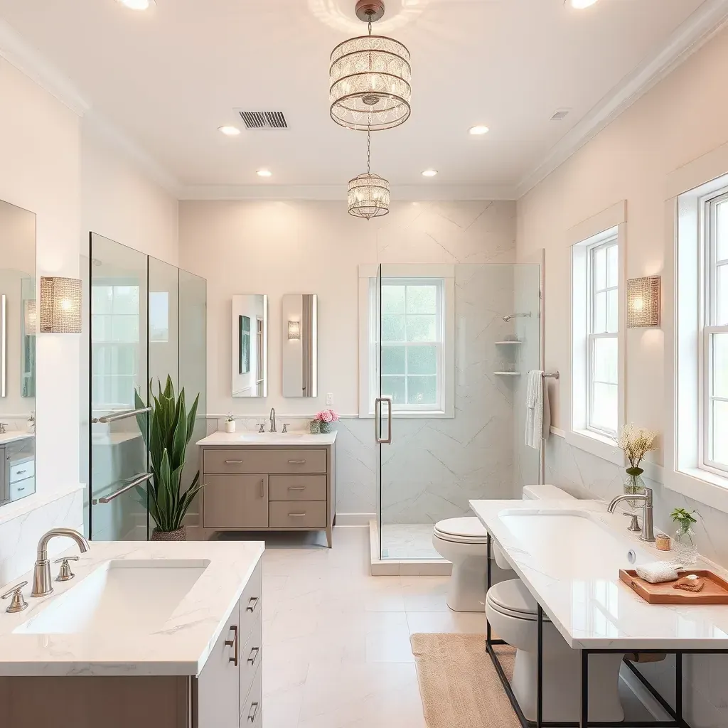 Beautiful Allen, TX bathroom remodel with sleek tub, glass shower, marble counters, and modern lighting.