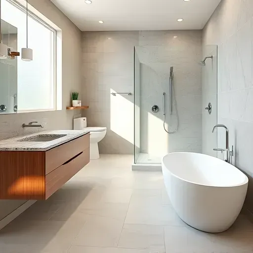 Modern renovated bathroom in Haslet, TX with a floating granite vanity, walk-in shower, soaking tub, and elegant chrome hardware.
