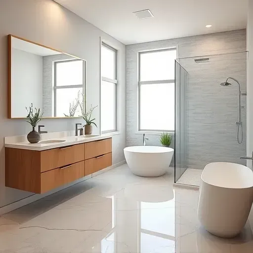 Recently remodeled bathroom in Highland Village TX featuring modern design, marble floors, freestanding tub, and stylish fixtures.