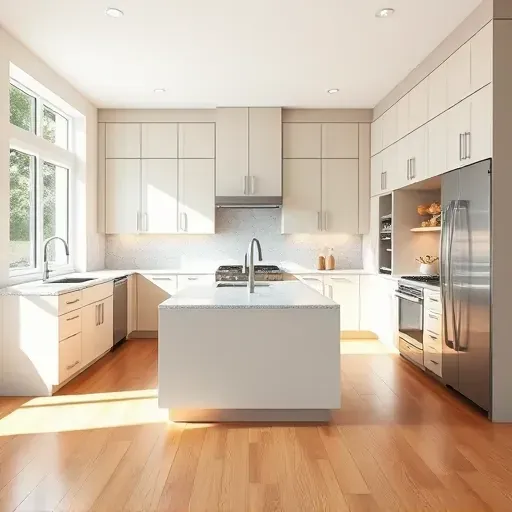 Modern renovated kitchen with sleek cabinets granite countertops stainless steel appliances ample natural light open-concept design