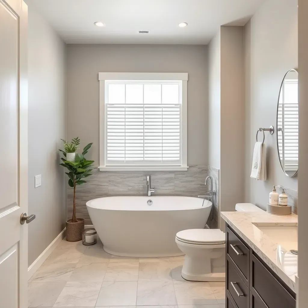 Modern Colleyville bathroom with large porcelain tiles, glass shower, soaking tub, double vanity, hardwood floors, natural light.