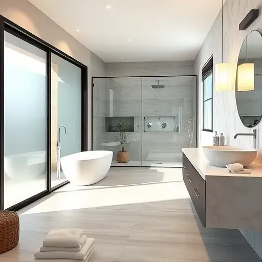 Completed modern bathroom in Roanoke TX with sleek fixtures, large frosted glass doors, freestanding tub, walk-in shower and elegant lighting