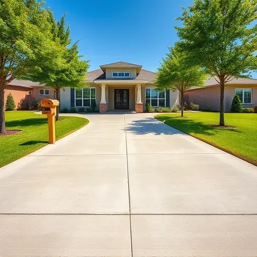 Freshly finished concrete driveway in Arlington TX with smooth surface, leading to a modern home amid lush greenery on a sunny day