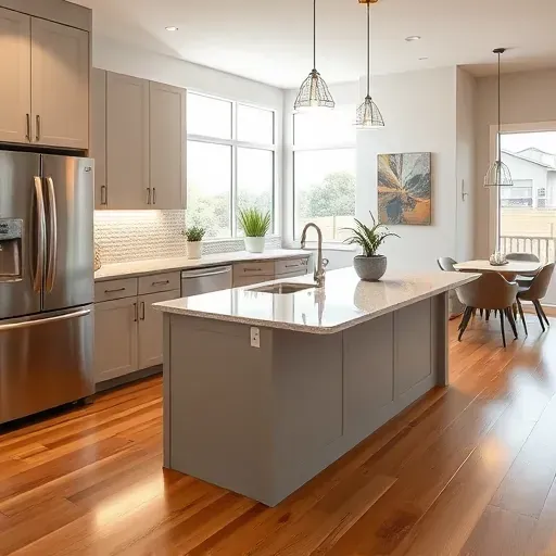 Remodeled Arlington TX kitchen with matte finish cabinets stainless steel appliances granite countertops island large windows hardwood floor modern lighting